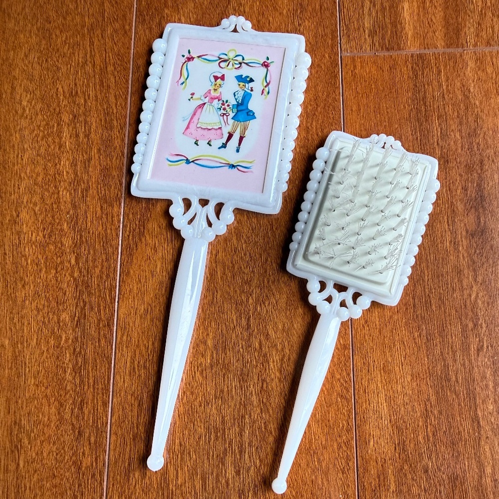 Vintage Two Piece White Pink Child’s Dresser Vanity Set Brush & Mirror Victorian